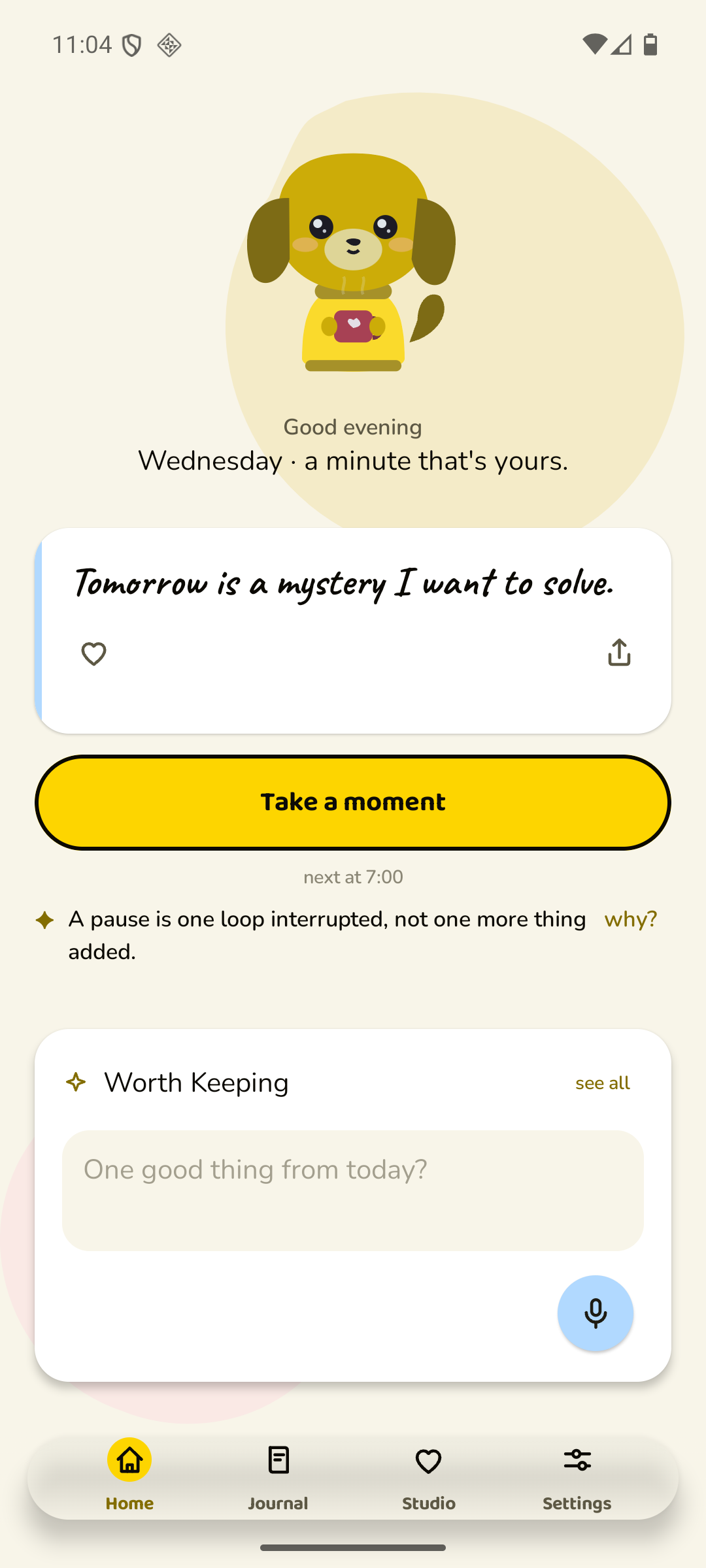 The Paussible home screen: Take a moment, with the day's gentle invitation